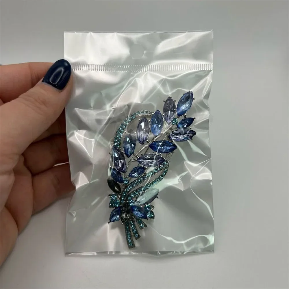 Elegant Blue & Purple Prong Set Rhinestones Large Leaf Brooch Swirl Sparkle